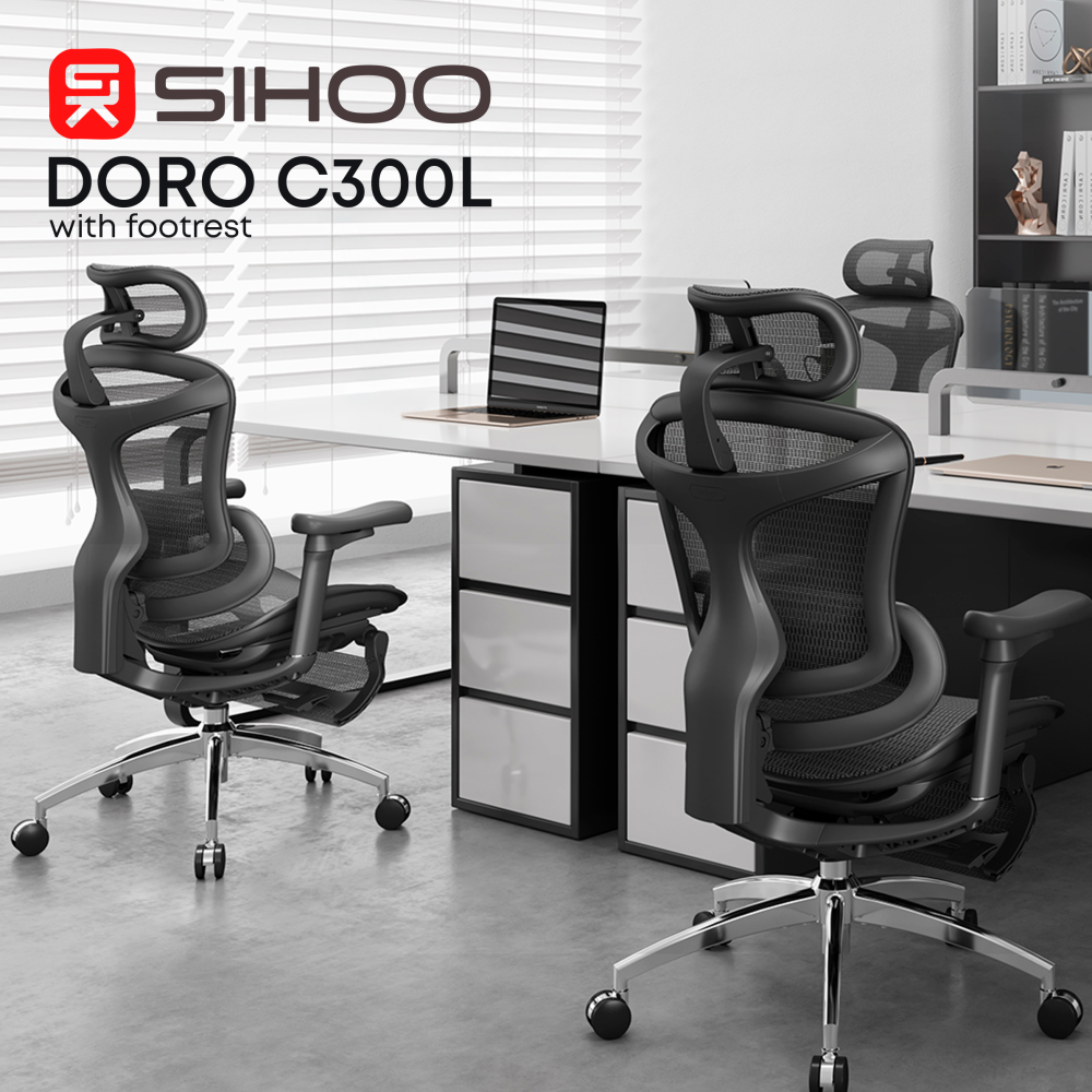 Крісло офісне з підставкою для ніг Sihoo DORO C300L Mesh Black with footrest